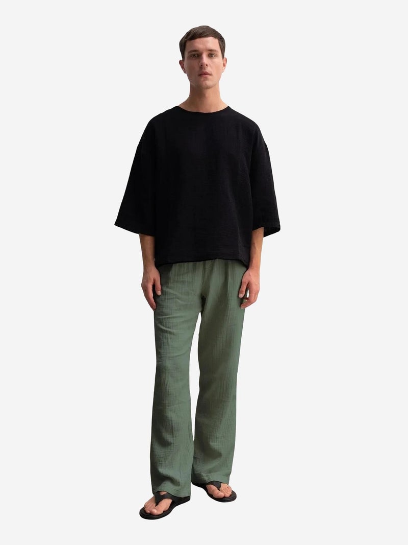 GIESTO Textured Cotton Drawstring Waist Straight Leg Pants - Image 4